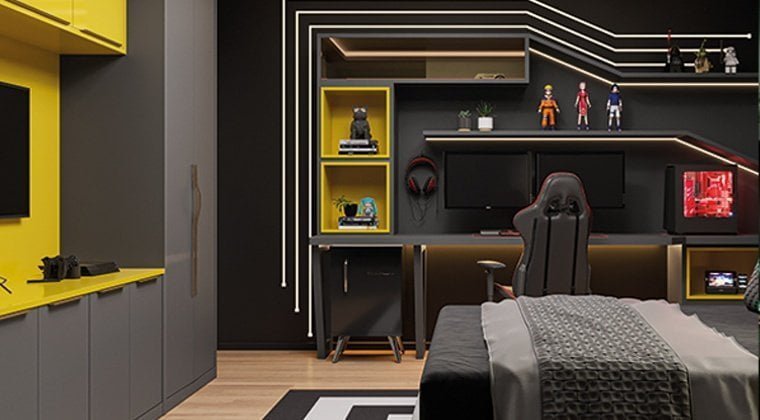 Quarto gamer com prateleiras na parede