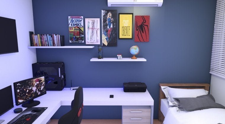 Quarto com prateleiras e livros