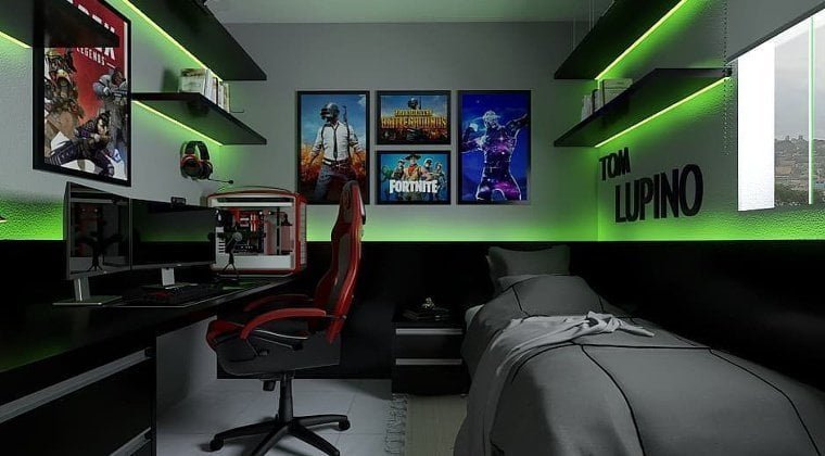 Quarto gamer com quadro de jogos