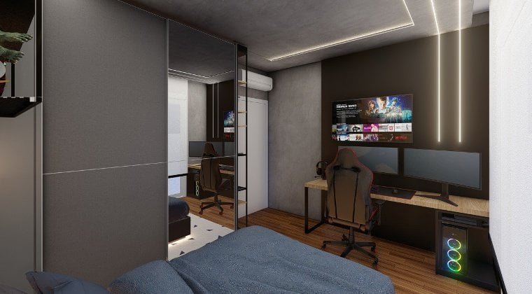Quarto gamer pequeno com tv