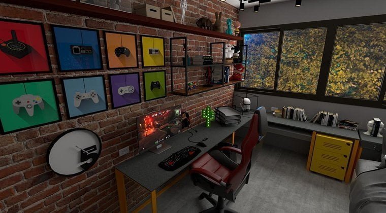 Quato com quadros e prateleiras