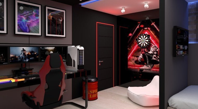Quarto gamer preto e vermelho