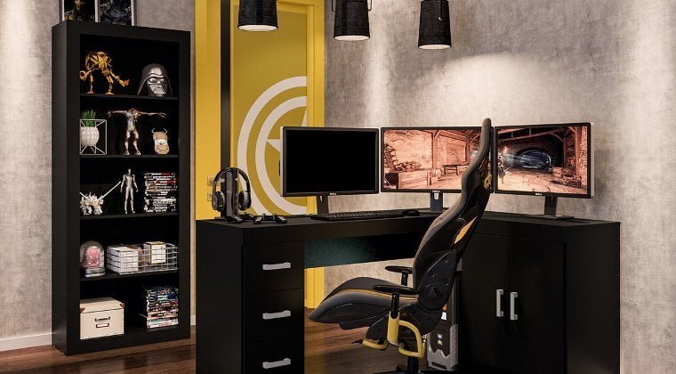 Quarto pequeno com uma pequena estante