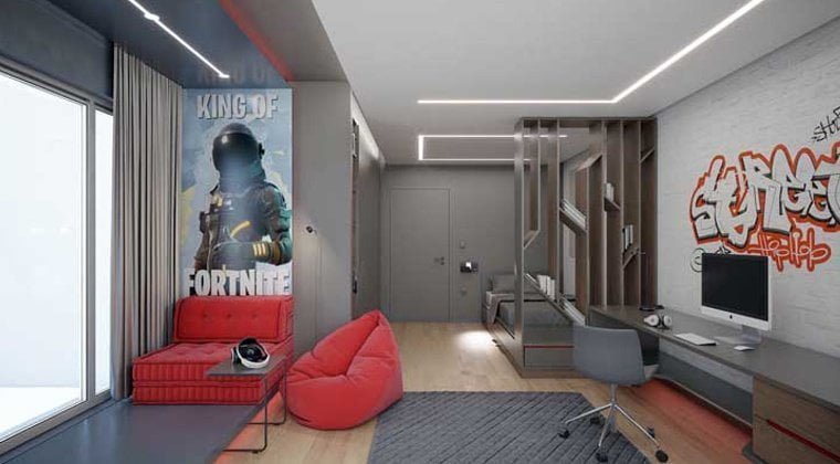 Quarto gamer com tema de Fortnite