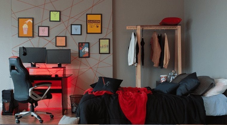 Quarto estiloso com tema preto e vermelho