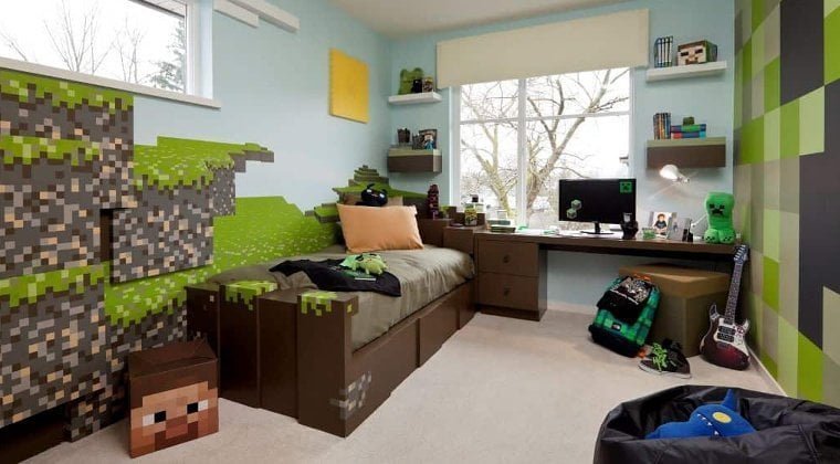 Quarto gamer com tema de Minecraft