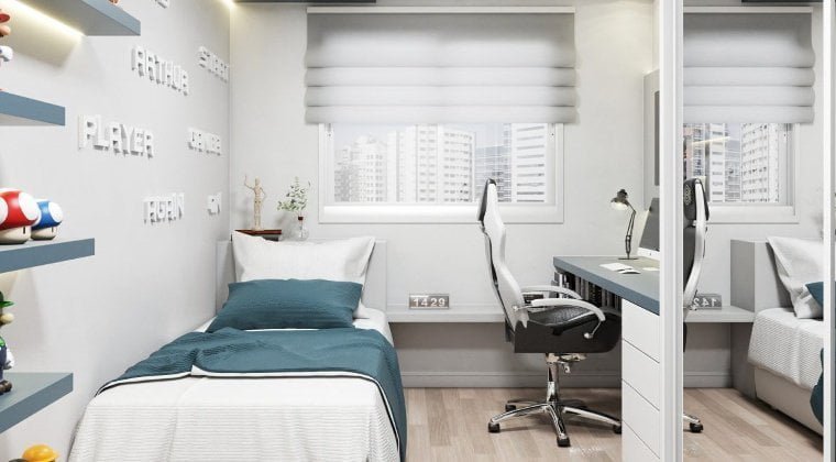 Quarto pequeno com tema branco