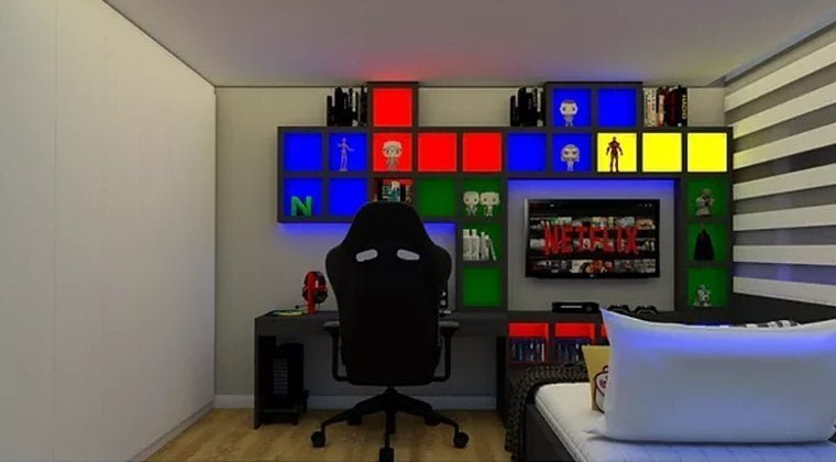 Quarto com prateleiras de cubos